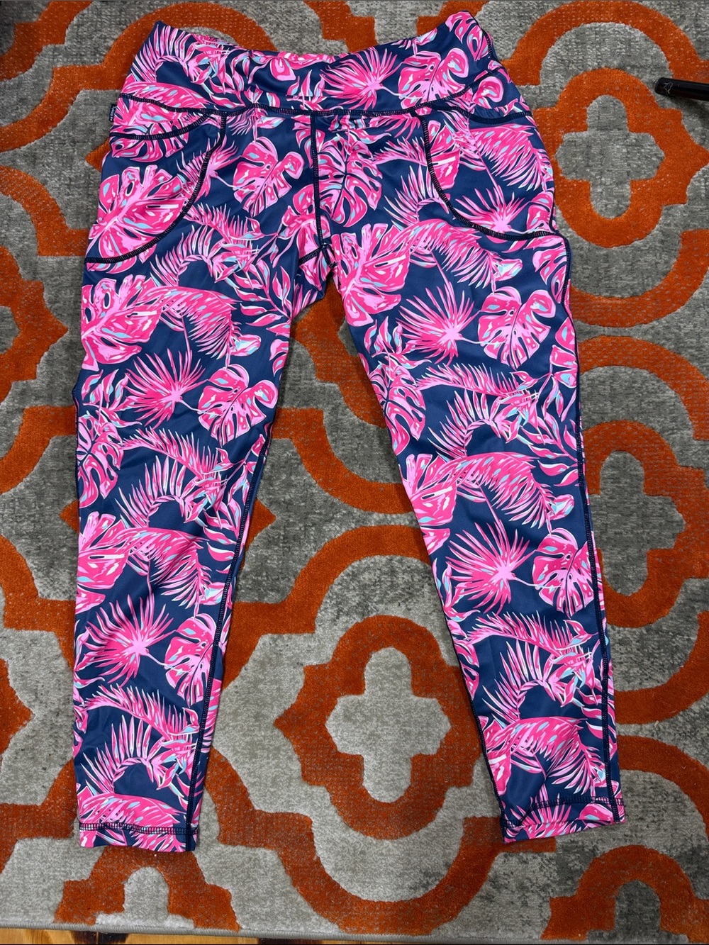Simply Southern Navy Leggings with Hot Pink Tropical Leaf Print with pocket’s